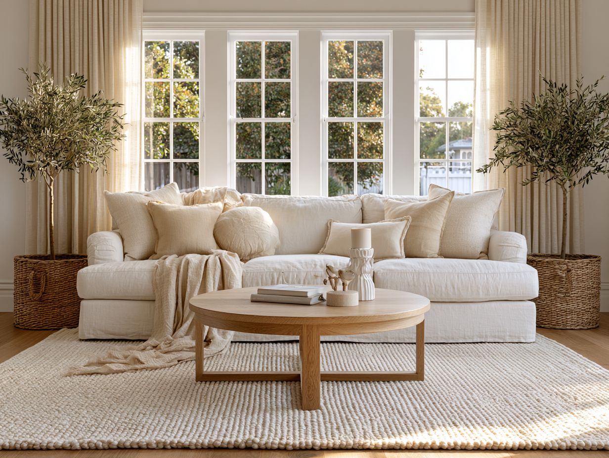 A calm, freshly cleaned living room with ivory sofa and indoor olive trees