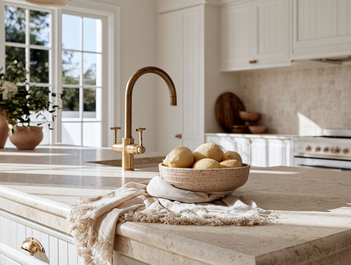 Detailed kitchen clean with polished stone benchtops